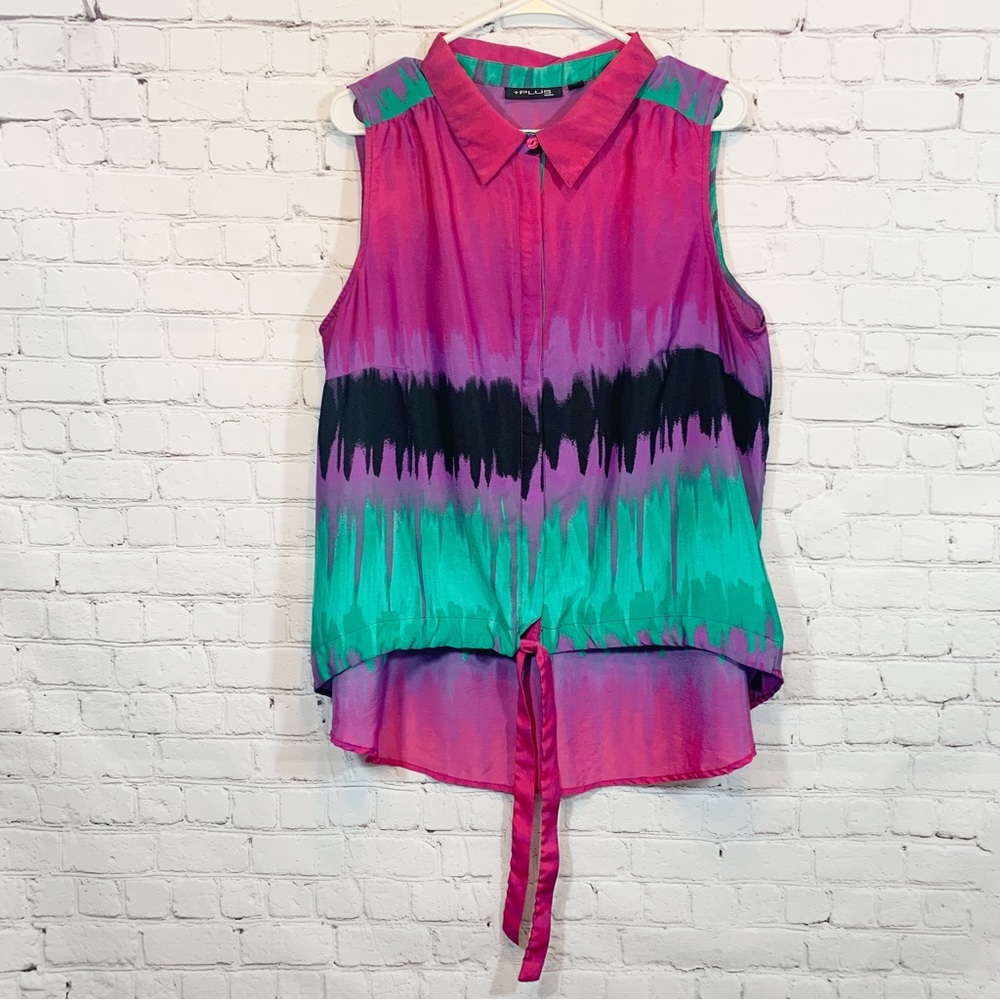 Plus Moda button front tie Retro style sleeveless blouse